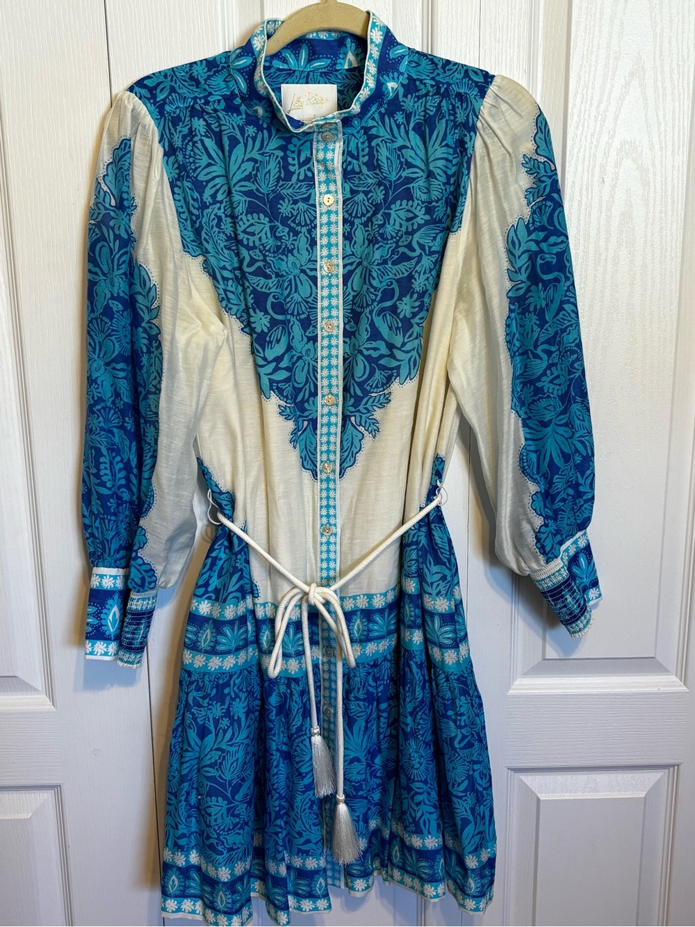 Lilly Pulitzer Drena Dress Blue Floral Linen Blend Rope Belt Size 12